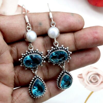 χειροποίητα σκουλαρίκια, κατασκευασμένα από ασήμι 925 και διακοσμημένα με λαμπερές πολύτιμες πέτρες blue topaz