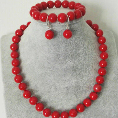 Σετ που αποτελείται από κολιέ, βραχιόλι και σκουλαρίκια, με κατακόκκινα φυσικά round κοράλλια 10mm