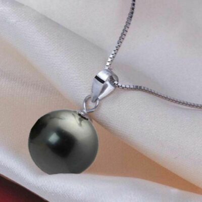 Μενταγιόν ασημένιο 925 με μοτίφ μία μαύρη πέρλα round