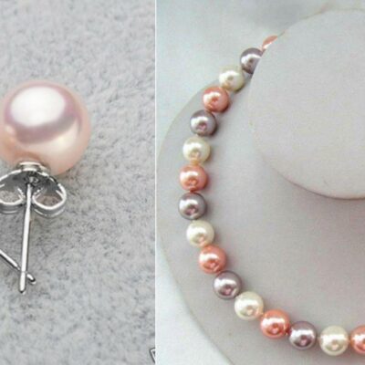 ​Ασημένια σκουλαρίκια κατασκευασμένα από ασήμι 925 διακοσμημένα με ροζ round south sea shell 10mm.​