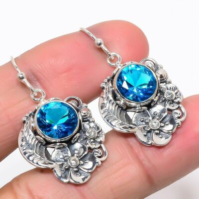 Χειροποίητα ινδικά σκουλαρίκια ασημένια 925 με πέτρα Blue Topaz.