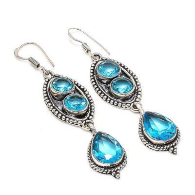 Σκουλαρίκια ασημένια 925 με Μπλε τοπάζι Manoj