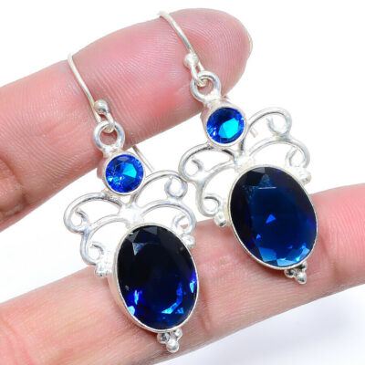 Χειροποίητα ινδικά σκουλαρίκια, ασημένια 925 με μπλε ζαφείρι Μαδαγασκάρης.